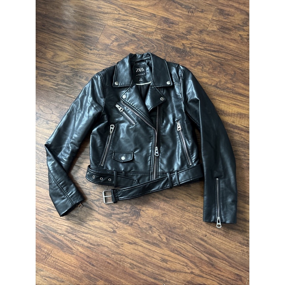 ZARA Faux Leather Moto Biker Jacket Cropped Brown Women's Size S